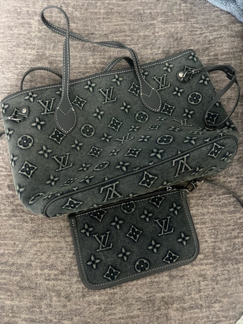 Louis Vuitton Gray Monogram Denim Tote with Matching Pouch